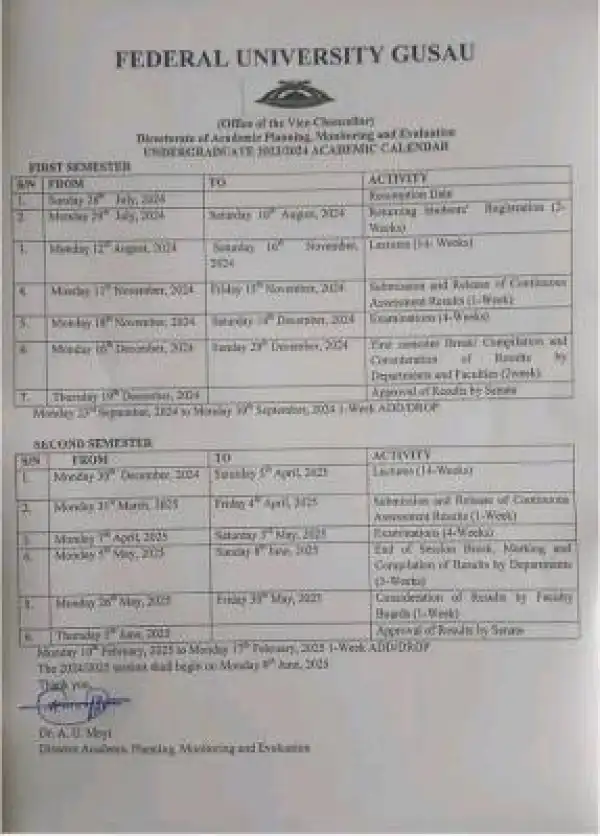 FUGUSAU approved academic calendar, 2023/2024