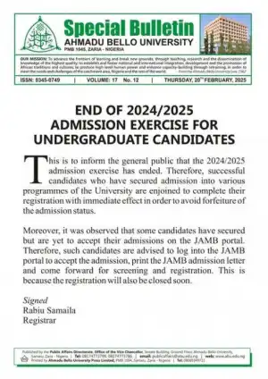 ABU announces end of 2024/2025 admission exercise