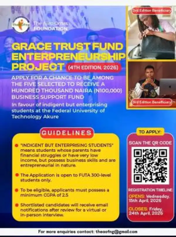 FUTA 300 Level Students invited to apply for Grace Trust Fund Entrepreneurship Project (4th Edition)