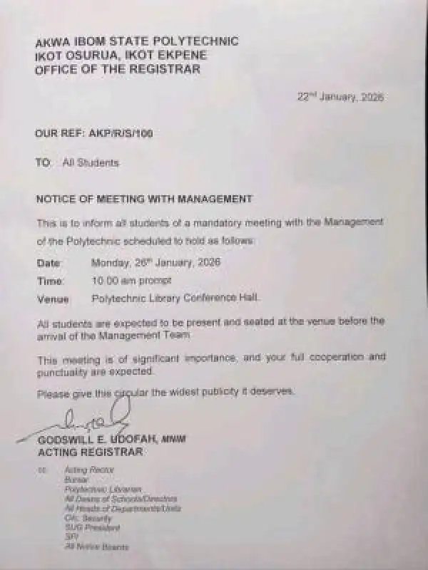 Akwa Ibom Polytechnic management schedules mandatory meeting with students