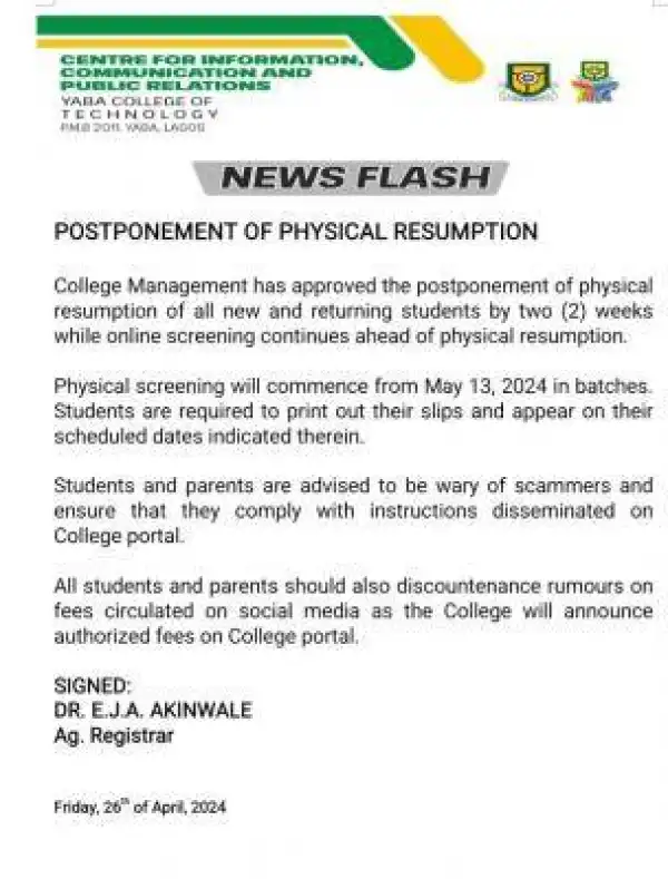 YABATECH postpones physical resumption date