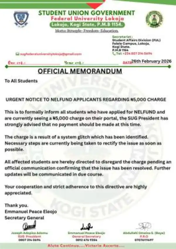 FULOKOJA SUG notice on NELFUND Arbitrary Charge