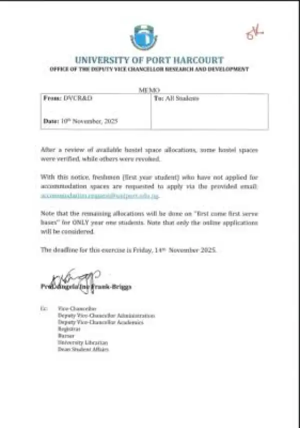 UNIPORT notice on hostel accommodation for year one student