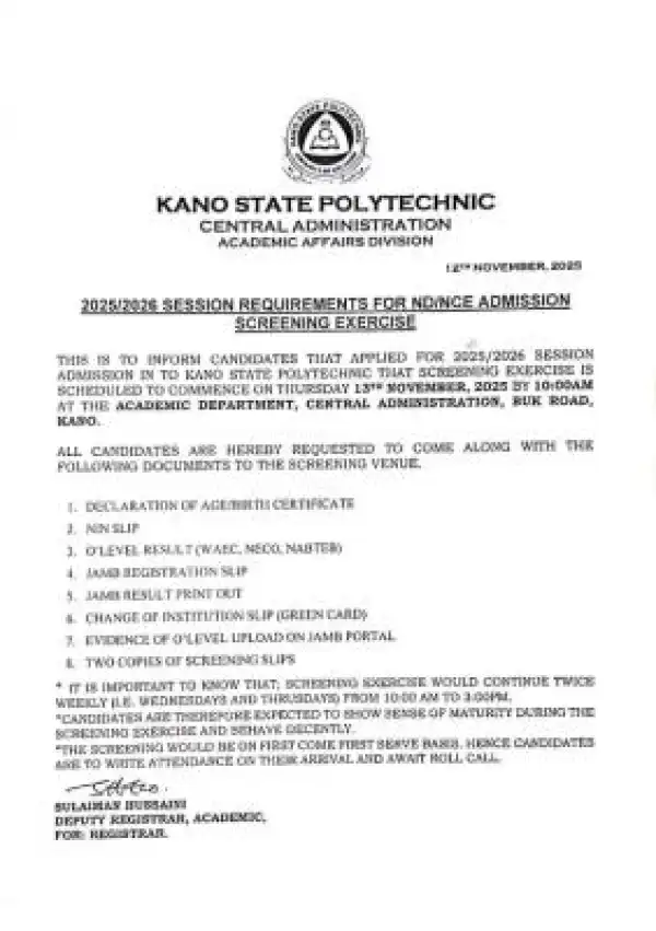 Kano State Polytechnic announces Screening Requirements for 2025/2026 ND/NCE Admission