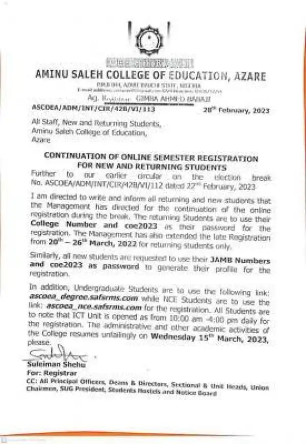 Aminu Saleh COE notice on continuation of online semester registration for all students