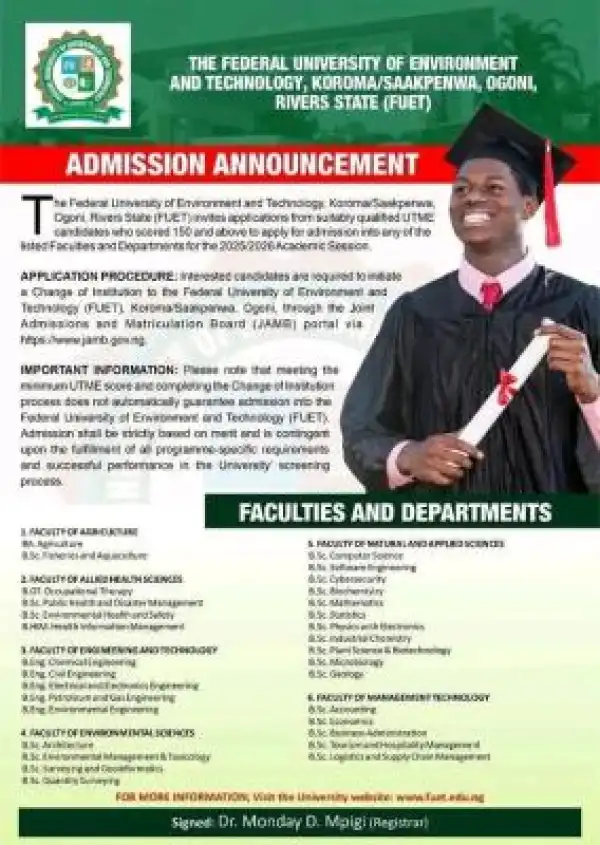 FUET announces undergraduate admission for 2025/2026