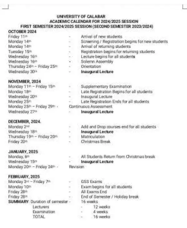 UNICAL academic calendar for 2nd semester 2023/2024 & 1st semester, 2024/2025