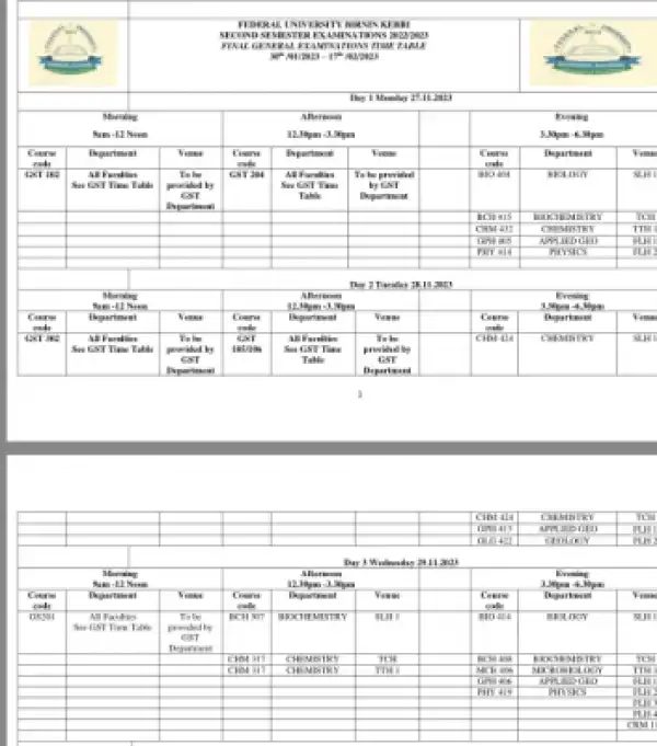 FUBK second semester examination timetable, 2022/2023 session