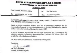 EKSU announces Matriculation ceremony, 2024/2025 session