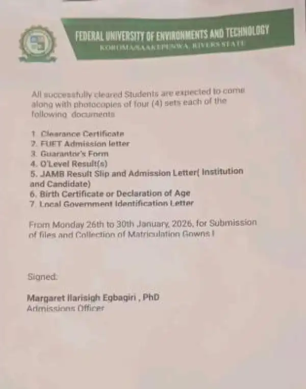 FUET notice to students on collection of matriculation gown