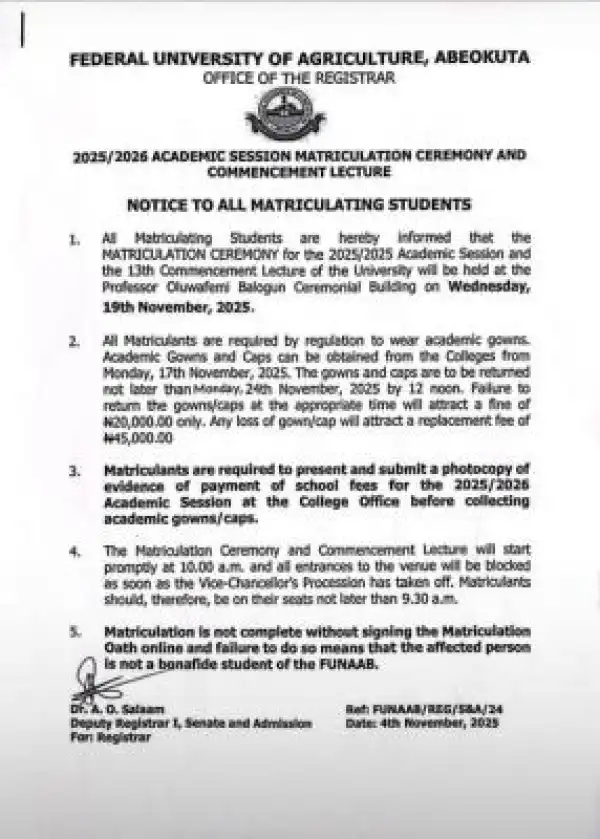 FUNAAB notice to all matriculating students, 2025/2026 session