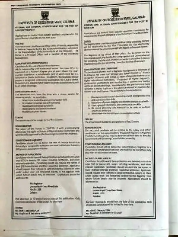UNICROSS advertises for the positions of Registrar and Bursar