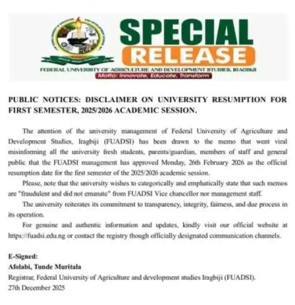 FUADSI disclaimer notice on resumption for 1st semester, 2025/2026