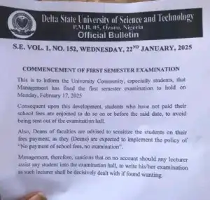 DSUST notice on commencement of 1st semester examinations