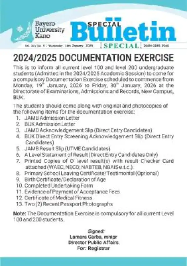 BUK notice on Documentation exercise for students admitted in 2024/2025 session