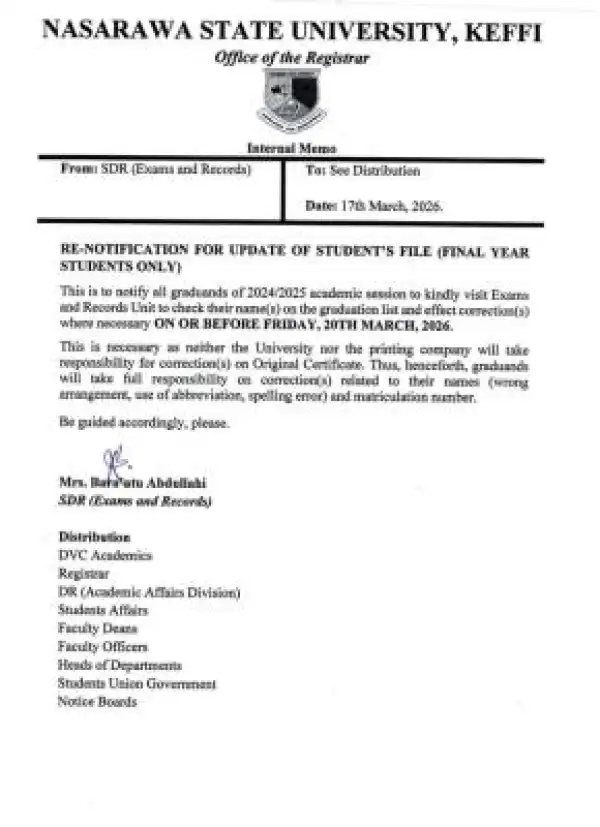 NSUK notice to final year students on correction of names