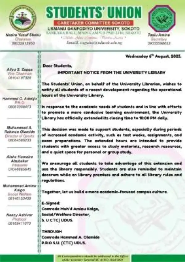 UDUS SUG issues notice to students on library operational hours