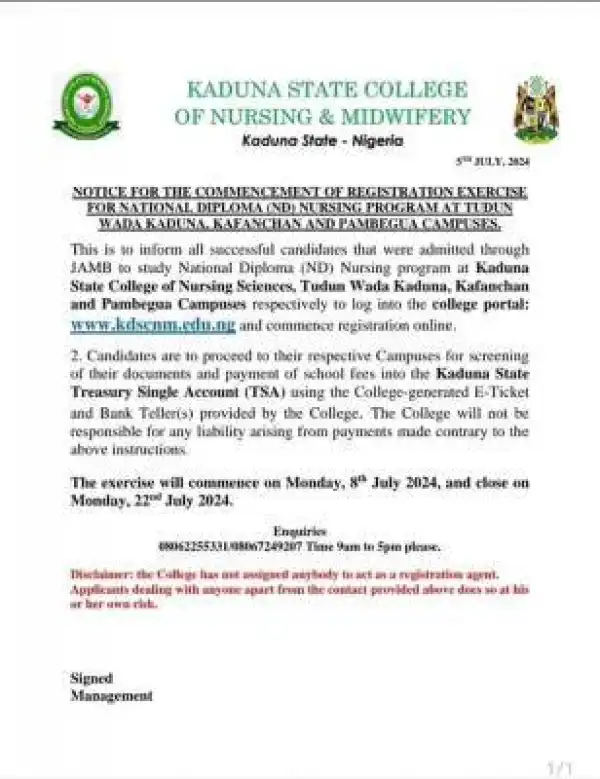 Kaduna College of Nursing & Midwifery commencement of registration exercise for ND in Nursing