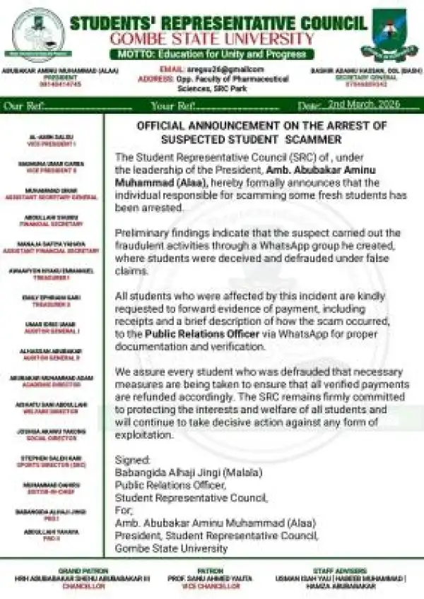 GOMSU SRC apprehends suspected fraudster targeting fresh students