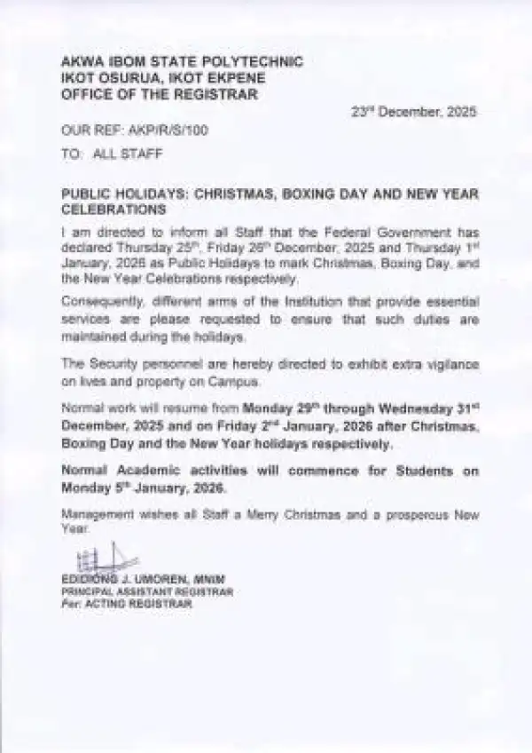 Akwa Ibom State Poly announces Christmas and New year holidays