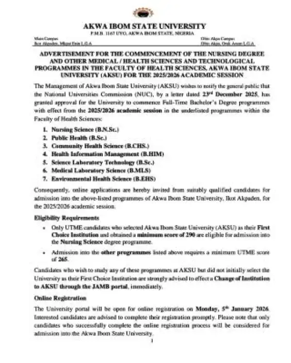 AKSU announces Nursing Health Sciences admission, 2025/26