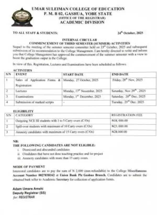 USCOEGA announces commencement of 3rd semester (summer) programme for 2025