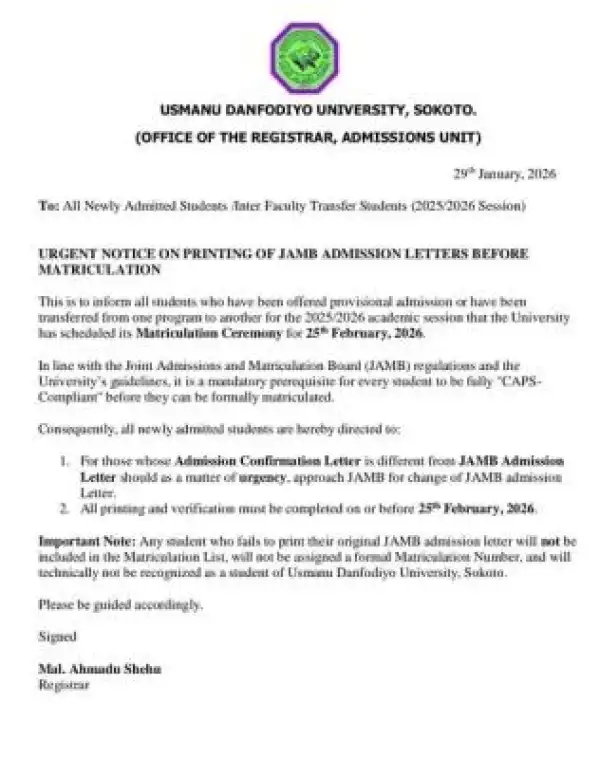 UDUSOK urgent notice to new students on printing of JAMB Admission Letters