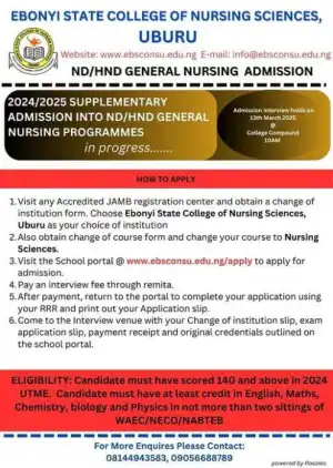 Ebonyi State College of Nursing Sci. ND/HND Supplementary Admission, 2024/2025