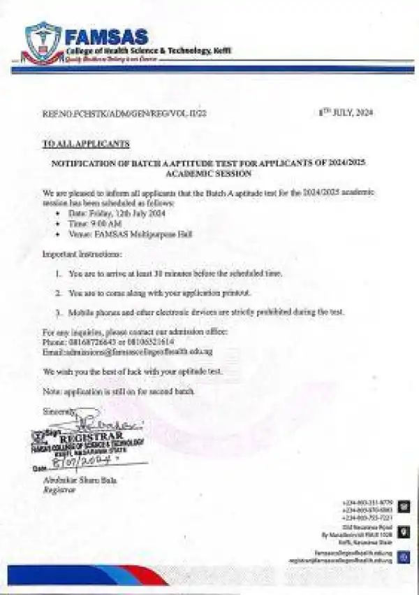 FAMSAS College of Health Tech Notification of Batch A Aptitude Test, 2024/2025