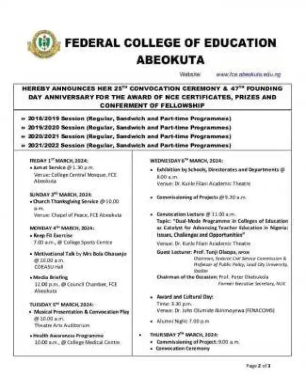 FCE Osiele notice on 25th convocation ceremony