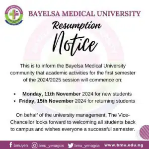 BMU announces resumption notice for 2024/2025 session