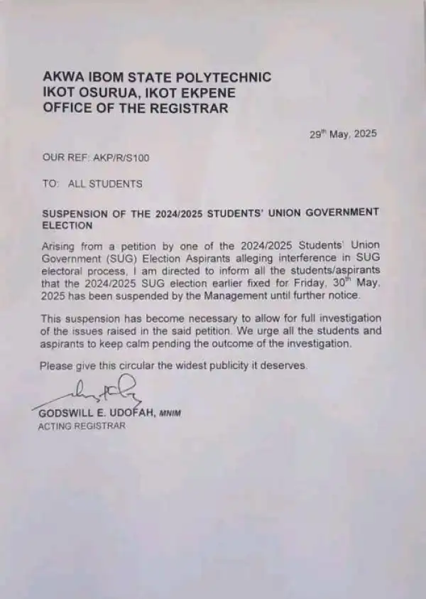 Akwa Ibom Poly suspends SUG elections