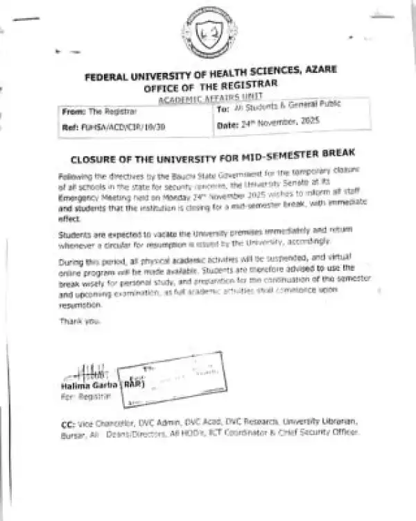 Federal University of Health Science, Azare announces midterm semester break
