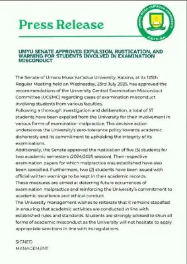 UMYUK Senate approves expulsion, rustication & warning for students involved in exam misconduct