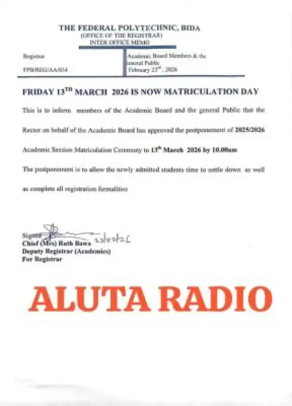 Federal Poly Bida reschedules matriculation ceremony, 2025/2026