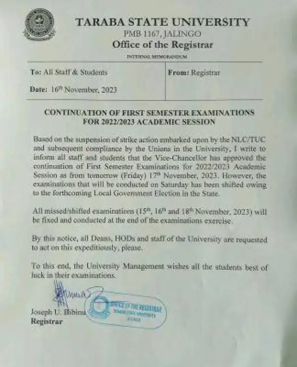 TASU notice on continuation of 1st semester exam, 2022/2023