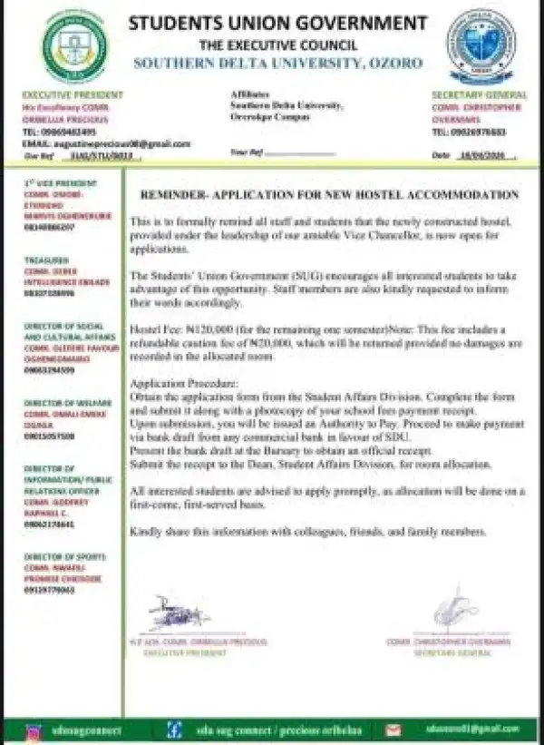 Southern Delta University SUG update on application for newly constructed Hostel Accommodation
