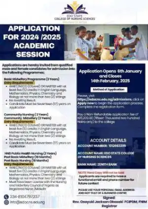 Edo State College of Nursing Sciences releases admission form, 2024/2025