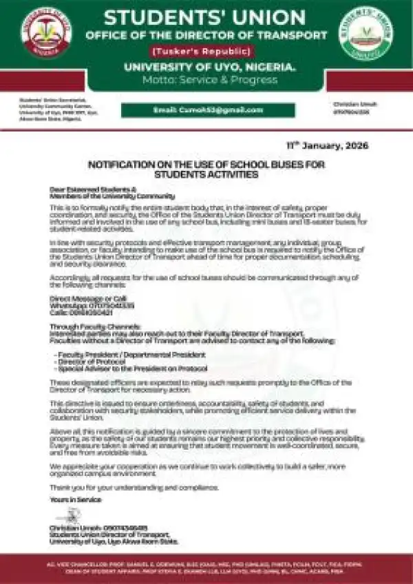 UNIUYO Students’ Union issues guidelines on use of school buses