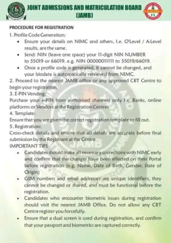 JAMB 2026 update on basic procedures for UTME/DE registration