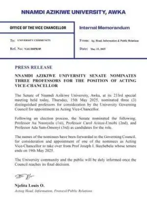 UNIZIK Senate nominates 3 Professors for the position of Acting Vice-Chancellor