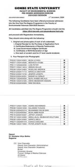 Gombe State University Pre-degree admission list, 2024/2025