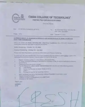 YABATECH notice on screening & registration for ND Part-time candidates, 2024/2025