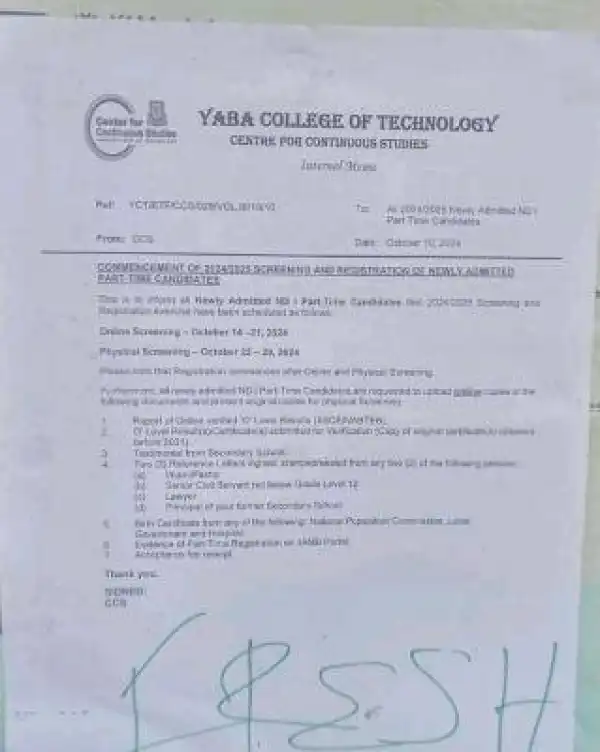 YABATECH notice on screening & registration for ND Part-time candidates, 2024/2025