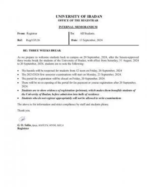 UI notice on resumption and commencement of exams