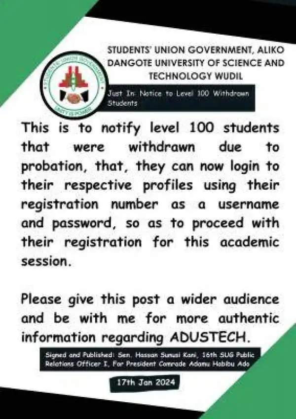 ADUSTECH SUG notice to 100 level students that were withdrawn
