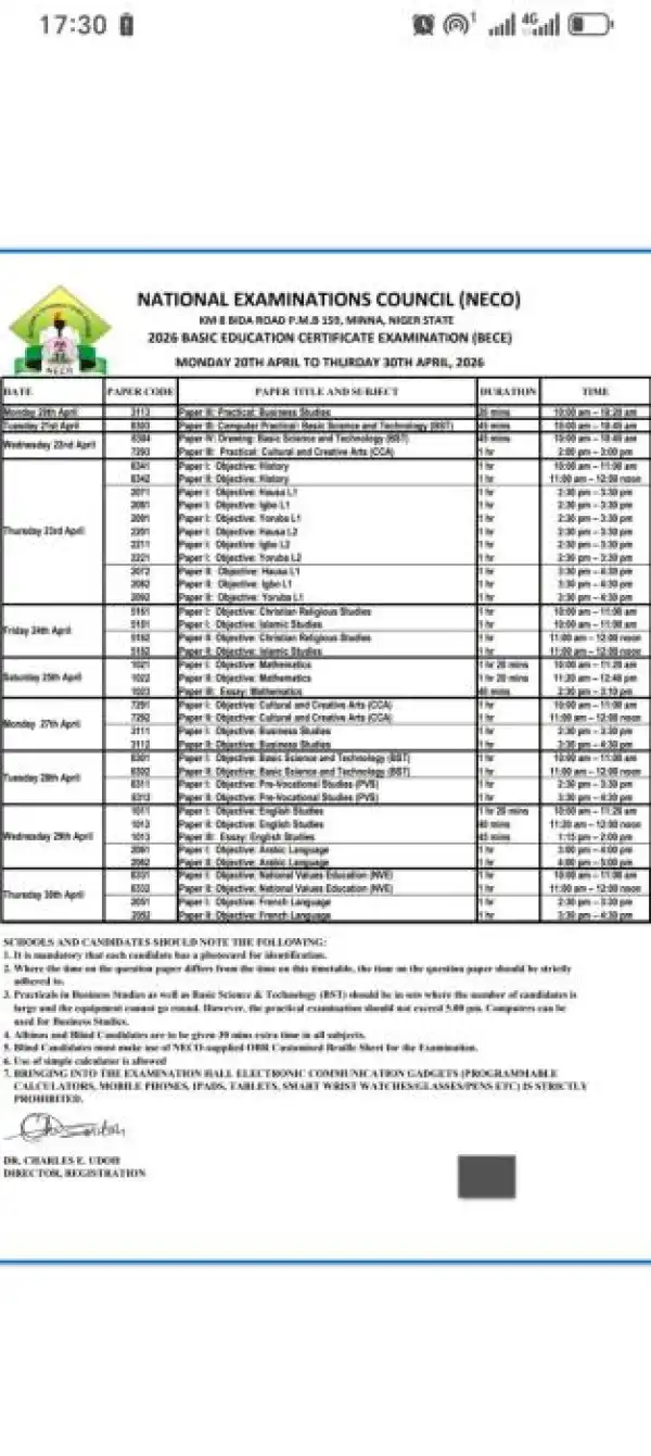 NECO releases BECE examination timetable, 2026