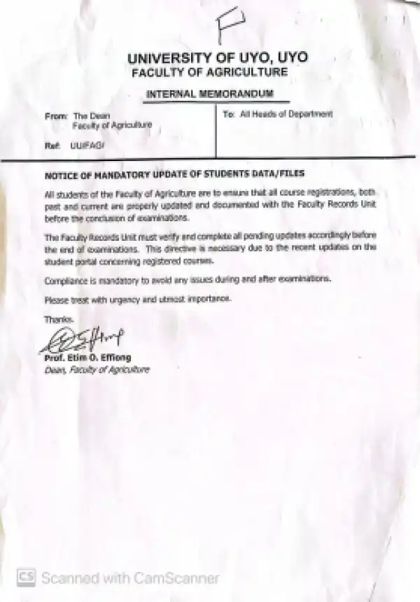 UNIUYO Faculty of Agriculturenotice on mandatory update of Students’ Records