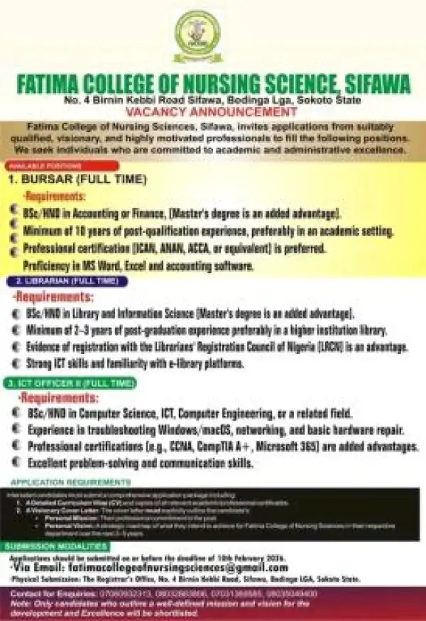 Fatima College of Nursing Science, Sifawa announces vacancies