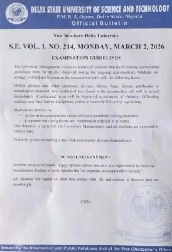 DSUST issues examination guidelines and school fees payment update